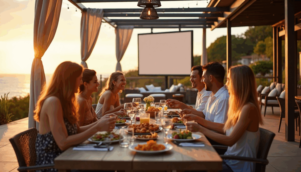 Guests dining outside with luxury outdoor curtains at sunset