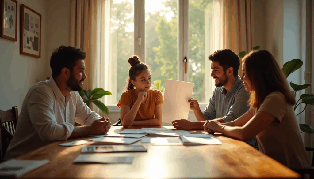 Family discusses window covering options in sunlit Durban living room