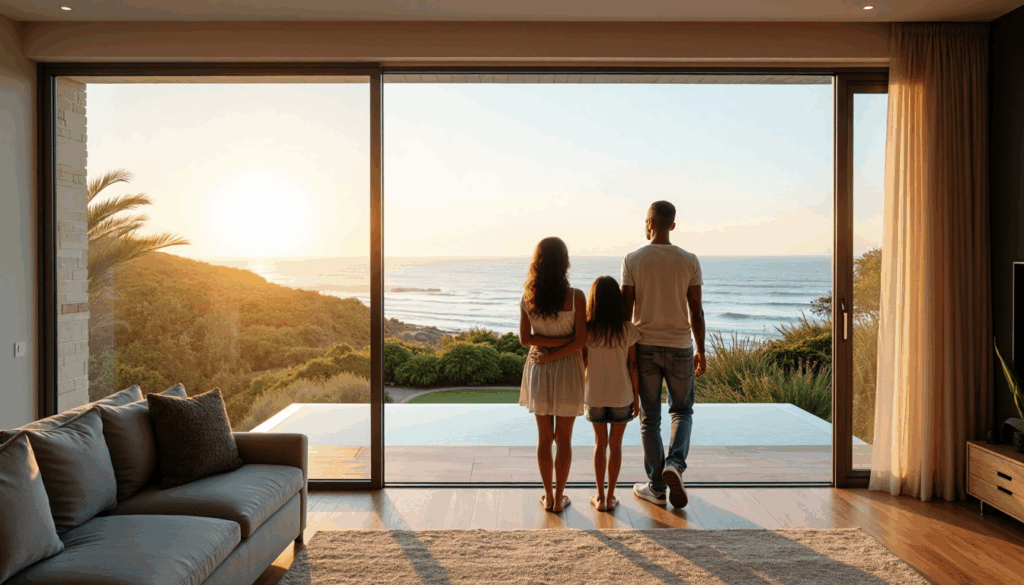 Family admiring ocean view through large windows in Durban home