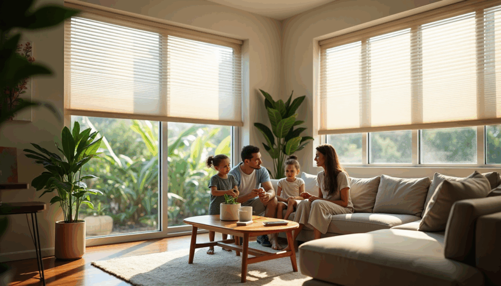 Family relaxing in sunlit Durban home with cellular blinds drawn