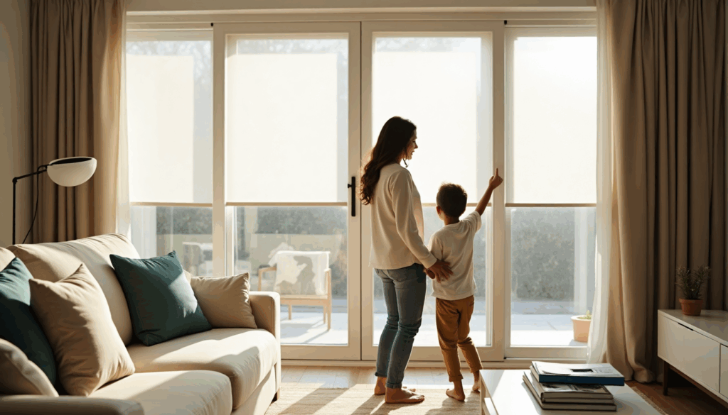 Light-filled Durban living room with people adjusting white blinds