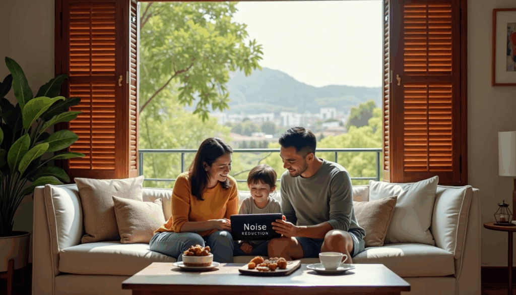 Family in Durban living room with wooden shutters and noise reduction tablet