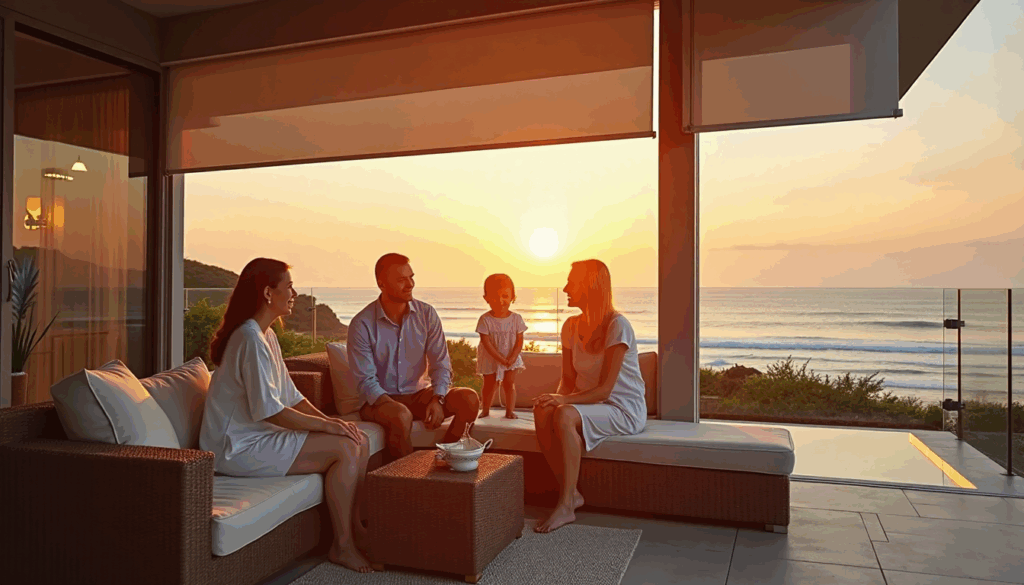 Family gathering under luxurious outdoor patio blinds at sunset